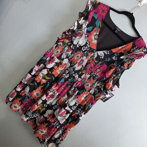Chiffon Smocked Vneck‎ Tiered Mini Dress Womens 3X Tropical Dark Romantic